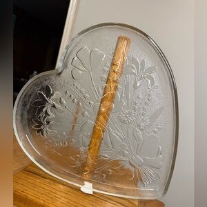 Heart glass platter with embossed flowers and bow